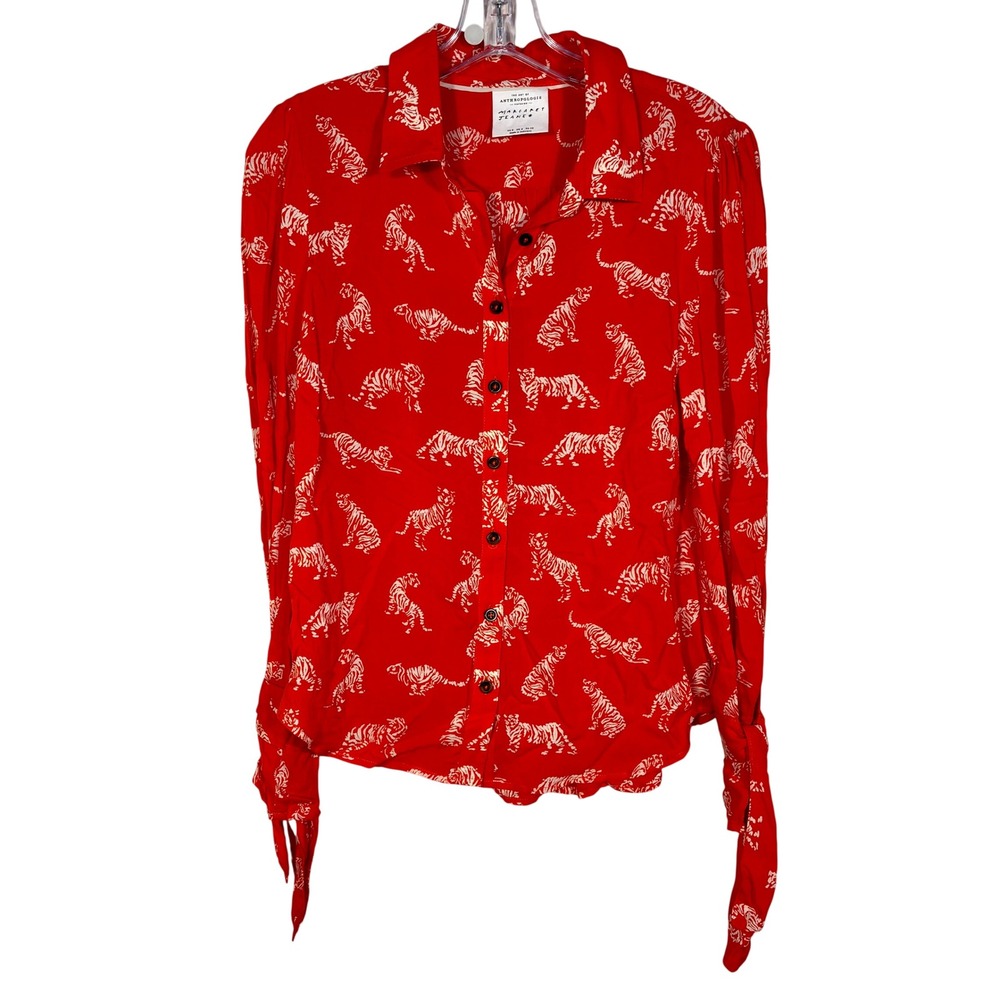 Anthropologie x Margaret Jeans Tiger Print Blouse Orange Sz 0 Tie Long Sleeve